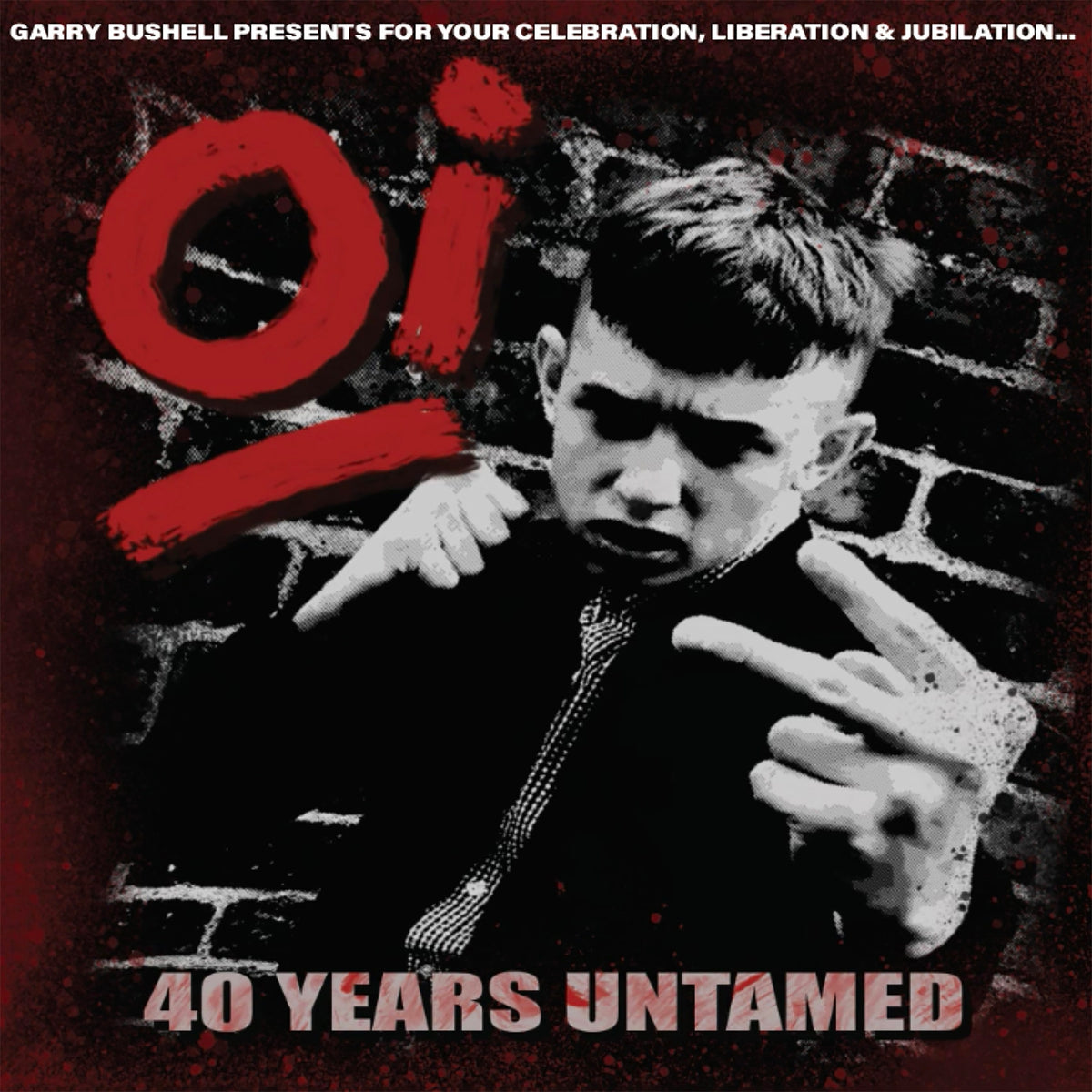 A young man in a dark jacket stands against a brick wall, making fists and holding up two fingers. Bold red text reads Oi!, with white text below: Pirates Press Records presents Oi! 40 Years Untamed—a tribute to working-class punk.