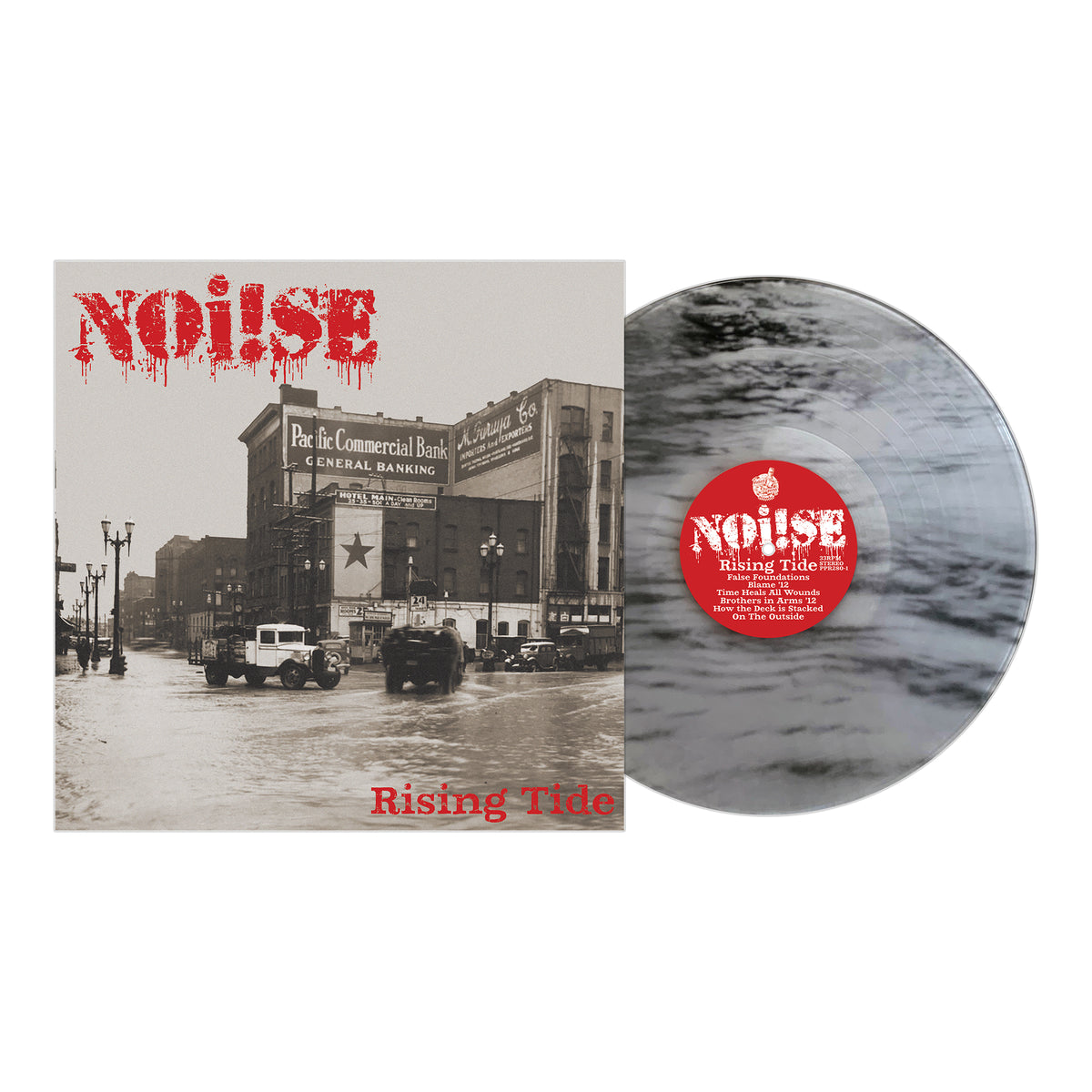 The NOi!SE Rising Tide EP album cover shows a black-and-white flooded street with vintage cars next to a marbled black-and-white vinyl with a bold red label—ideal for street punk vinyl collectors.