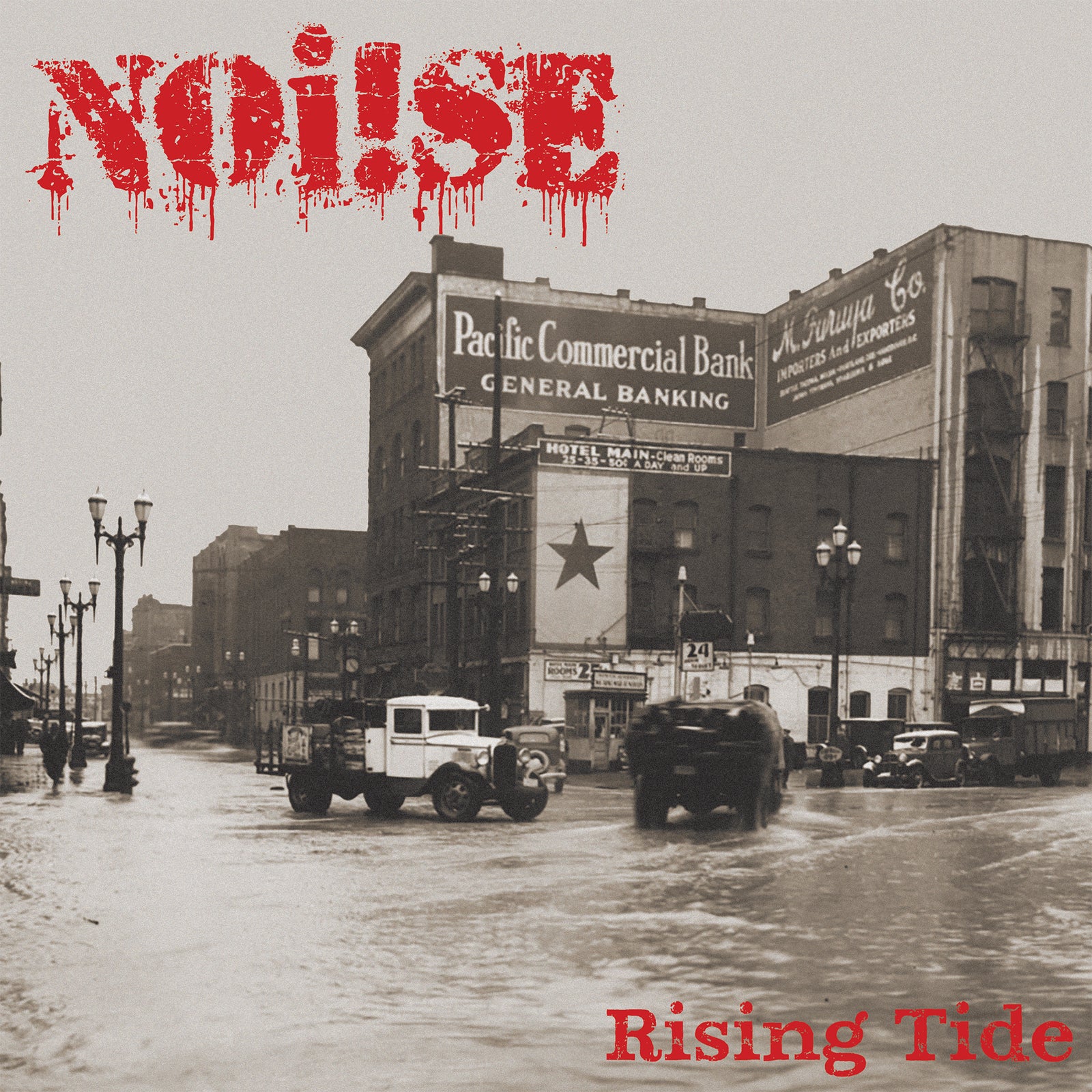 A sepia-toned photo of a flooded city street with vintage cars and lamp posts is digitally printed on vinyl. Bold red NOi!SE branding highlights the street punk style of the Rising Tide EP cover.