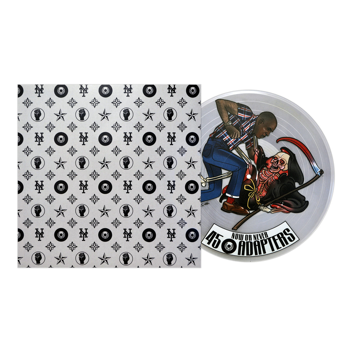A real vinyl record by 45 Adapters with a black-and-white cover of stars, records, and logos. The transparent UV-printed record shows a man battling the Grim Reaper with “NOW OR NEVER 45 ADAPTERS” text on the artwork.