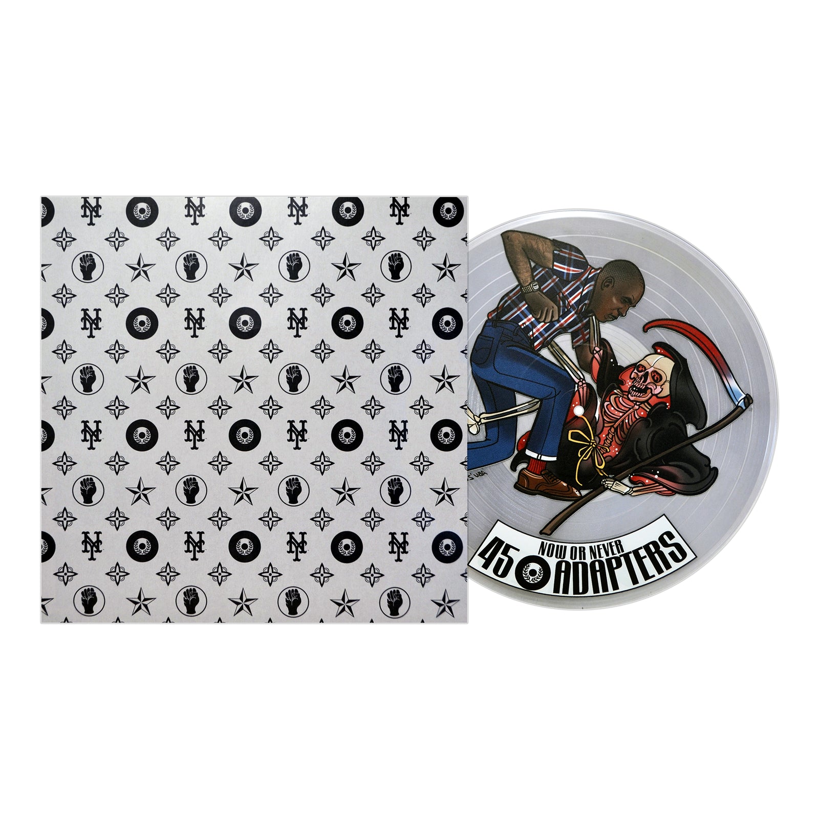 A real vinyl record by 45 Adapters with a black-and-white cover of stars, records, and logos. The transparent UV-printed record shows a man battling the Grim Reaper with “NOW OR NEVER 45 ADAPTERS” text on the artwork.