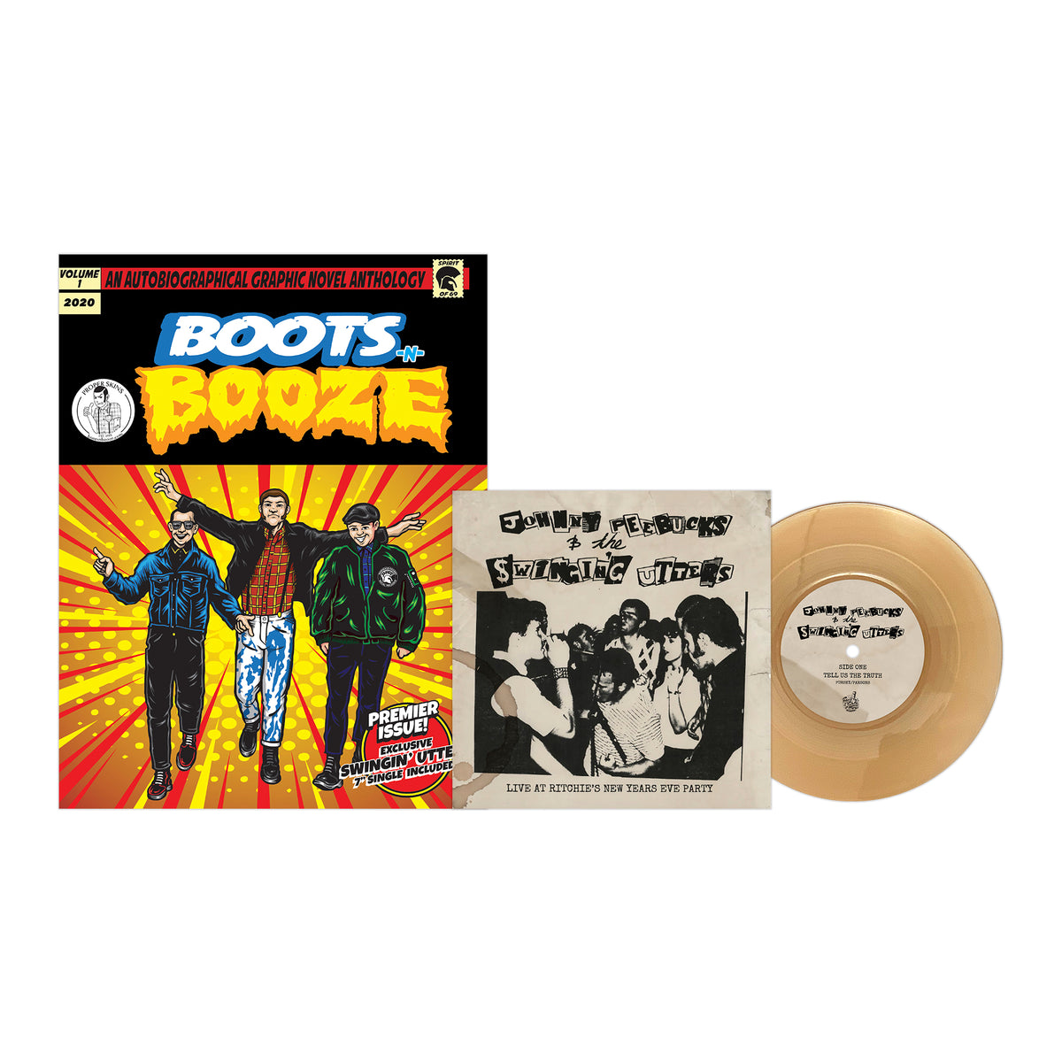 The BOOTSnBOOZE autobiographical graphic novel about Santa Cruz subcultures features a vibrant cover of three punks, plus a tan vinyl and black-and-white sleeve showing a band performing.