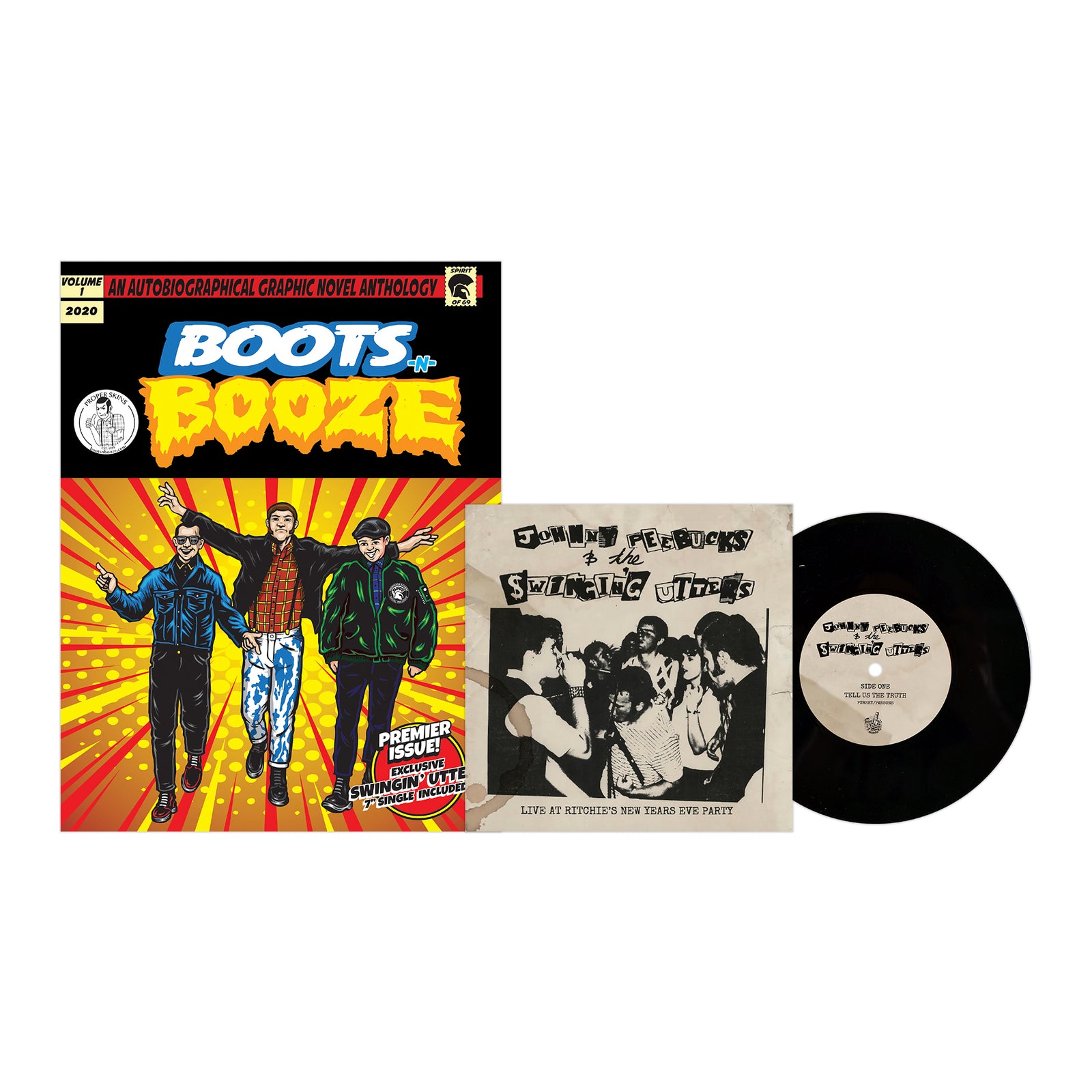 The BOOTSnBOOZE comic book, inspired by skinhead culture, features three illustrated figures on the cover beside a black vinyl record and sleeve with a black-and-white band photo from Santa Cruz.