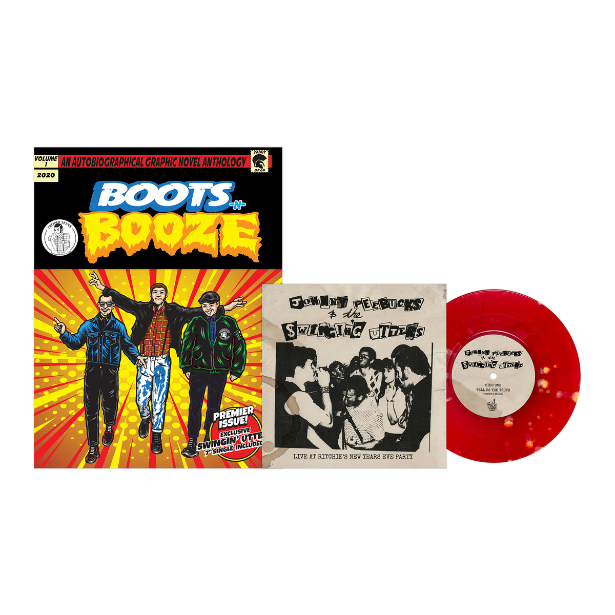 The BOOTSnBOOZE comic book, inspired by Santa Cruz, showcases illustrated punk and skinhead characters beside a red vinyl record and a black-and-white cover of a punk band performing.