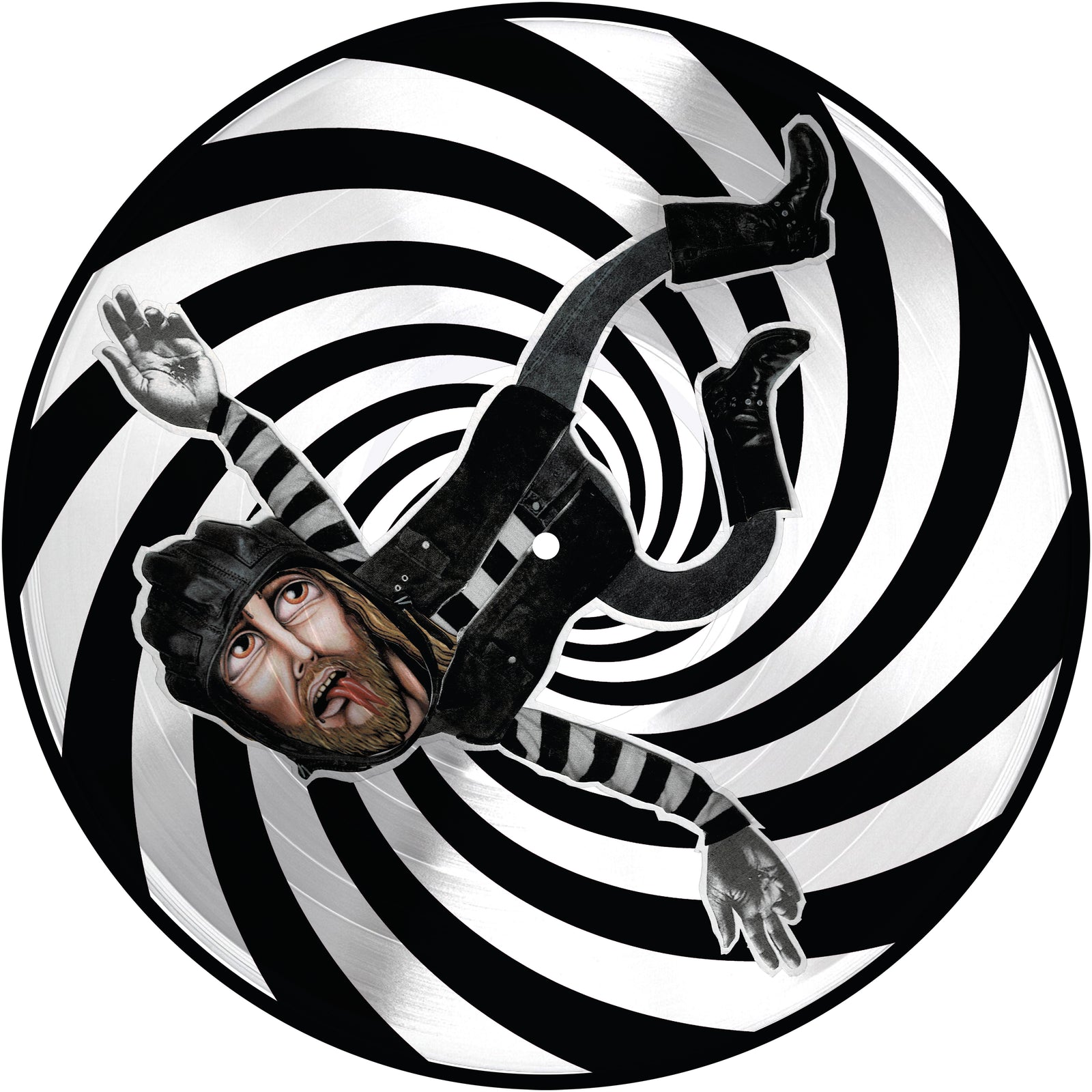 A cartoon figure in black-and-white stripes floats before a spiral background, capturing the wild, surreal energy of Bay Area punk and streetpunk—signature style from Druglords of The Avenues.