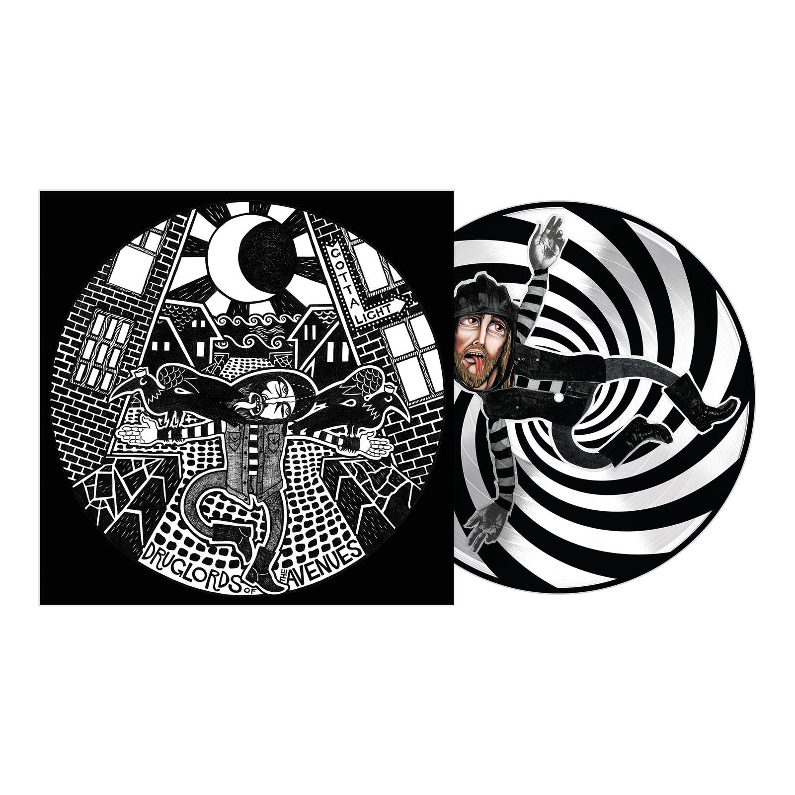 A vinyl record by Druglords of The Avenues with a cover showing a black-and-white illustration of a person with outstretched arms in a surreal cityscape. The record itself features a spiral and the surprised face of a man on the right.
