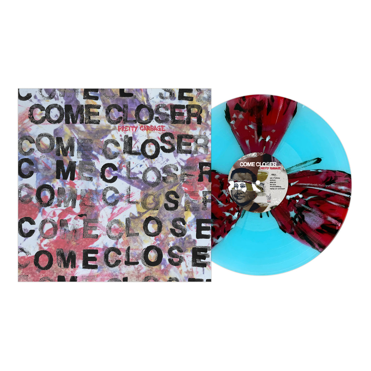 A blue vinyl record with red and black splashes sits by its album cover, which features COME CLOSER in bold black letters on an abstract background. The title PRETTY GARBAGE appears in red text. Brand: Come Closer. Perfect for indie rock and lo-fi fans.