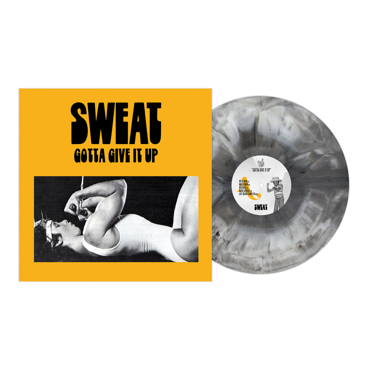 A yellow debut album cover by Sweat featuring "GOTTA GIVE IT UP" in bold black text and a black-and-white photo of a person in workout clothes, alongside a gray marbled vinyl—reflecting the hardcore band's modern intensity.