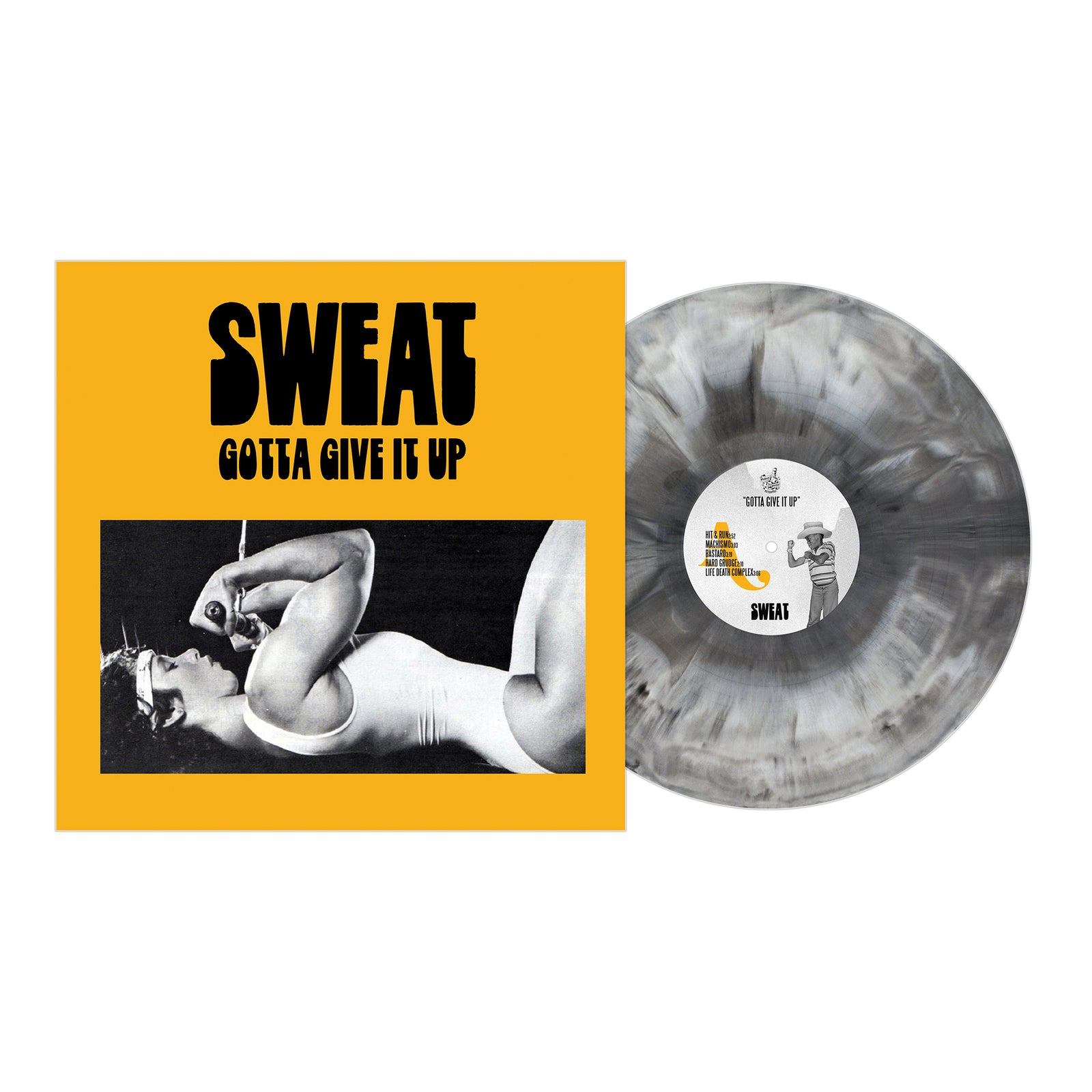 A yellow debut album cover by Sweat featuring "GOTTA GIVE IT UP" in bold black text and a black-and-white photo of a person in workout clothes, alongside a gray marbled vinyl—reflecting the hardcore band's modern intensity.