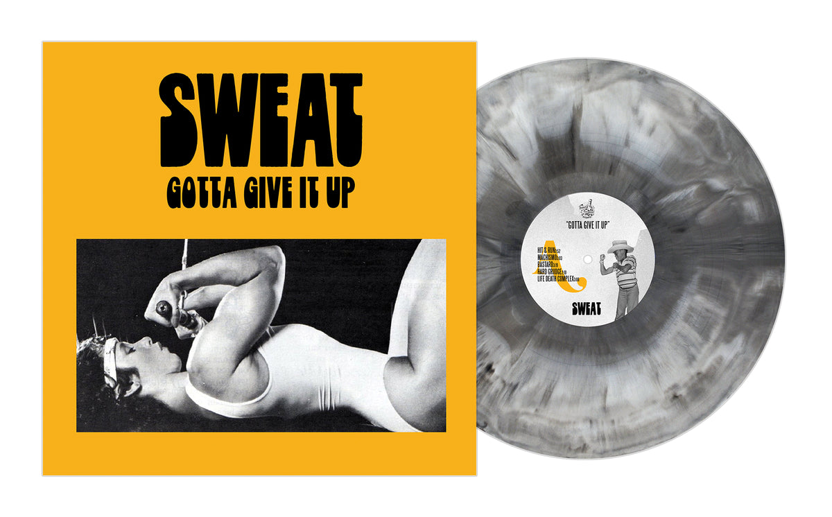 The debut album from hardcore band Sweat has a square yellow cover with a black-and-white photo of a person in a leotard lifting a dumbbell, bold black text SWEAT GOTTA GIVE IT UP, and comes on gray marbled vinyl.