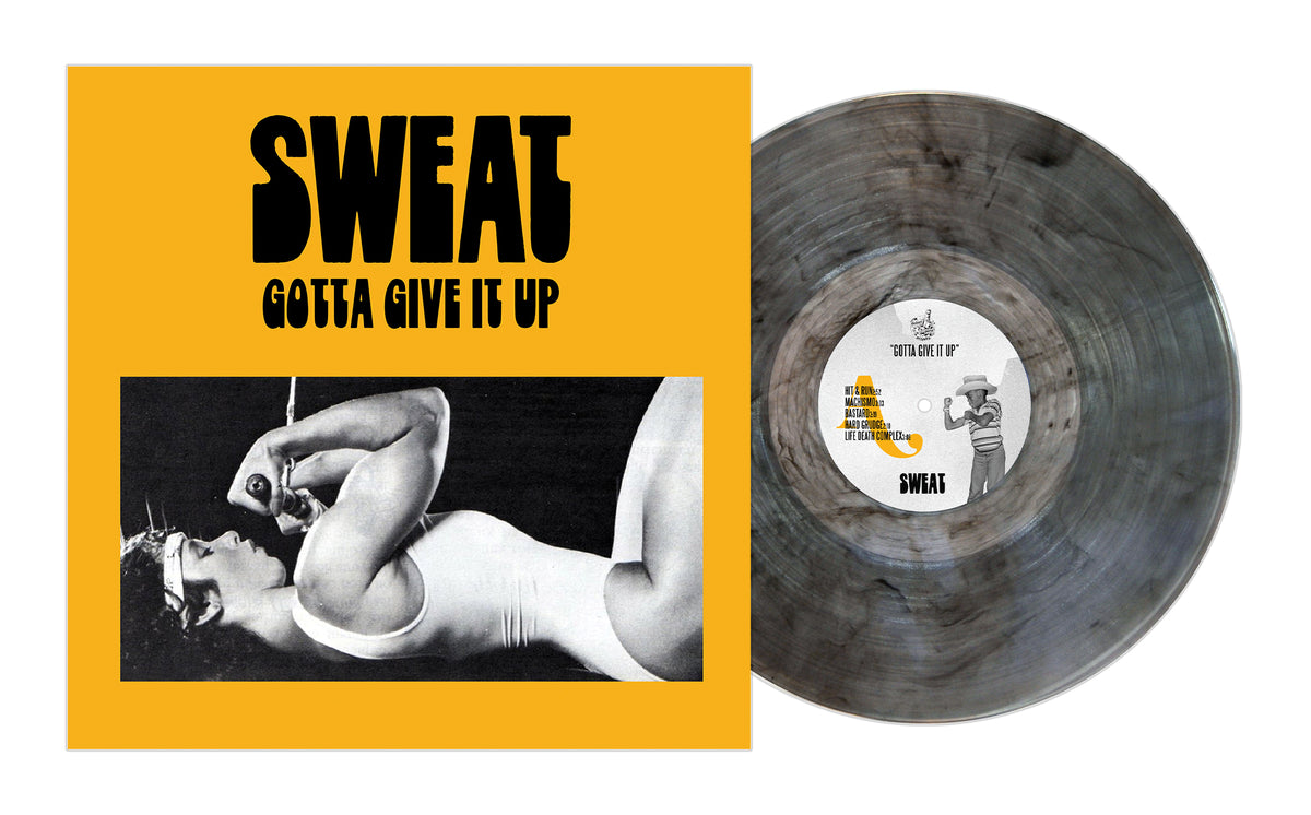 A marbled gray vinyl from Sweat sits beside a yellow album cover showing a black-and-white photo of a woman lifting a dumbbell, with bold black text reading SWEAT—the debut album from the hardcore band.