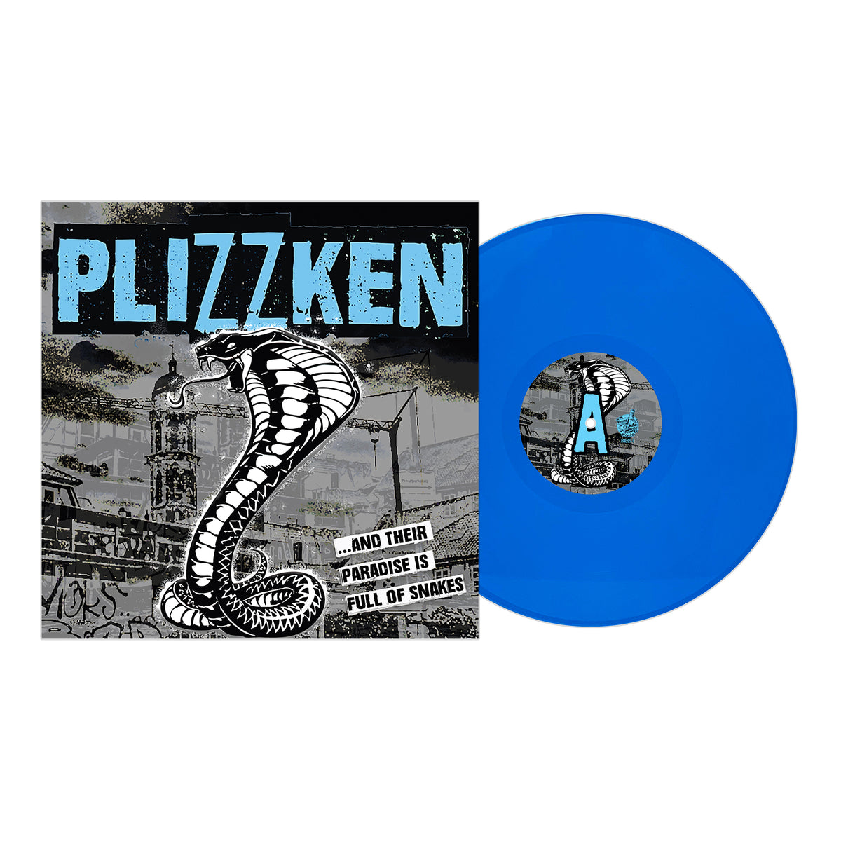 A blue vinyl record from Plizzken rests by its debut album cover, showcasing a bold cobra, an industrial cityscape, and the title: &quot;...AND THEIR PARADISE IS FULL OF SNAKES.