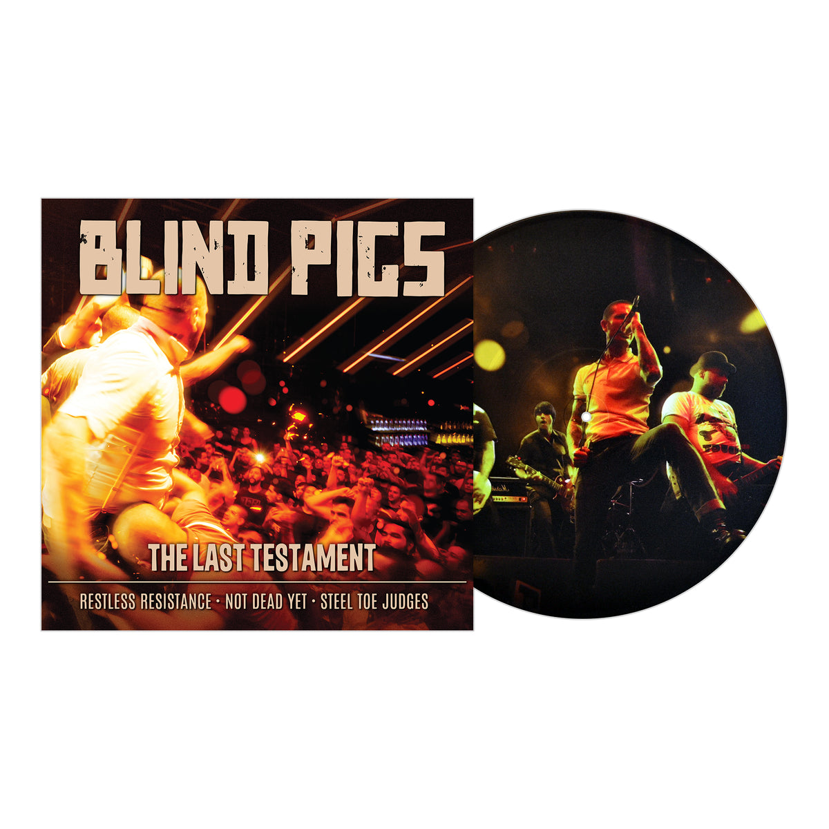 Album cover and disc for The Last Testament by Blind Pigs, featuring a lively stage performance and crowd. Includes English songs: Restless Resistance, Not Dead Yet, and Steel Toe Judges. Brand Name: Blind Pigs.