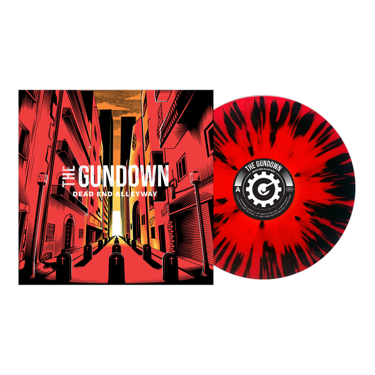 The Gundown's Dead End Alleyway album features a punk-inspired cover of a narrow alley with tall buildings and a red sky, alongside a red and black splatter vinyl record.