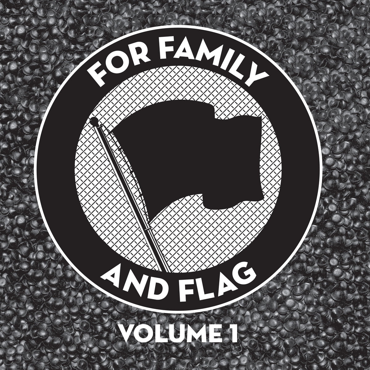 A circular emblem with a waving flag at the center, ringed by For Family and Flag and Volume 1 below, set against black beans—a striking design for a punk compilation from Pirates Press Records.