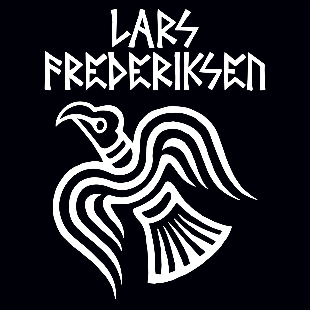 A white stylized bird with outstretched wings appears below bold, geometric “Lars Frederiksen” text on a black background, inspired by the artist’s To Victory solo album. Brand: Lars Frederiksen.