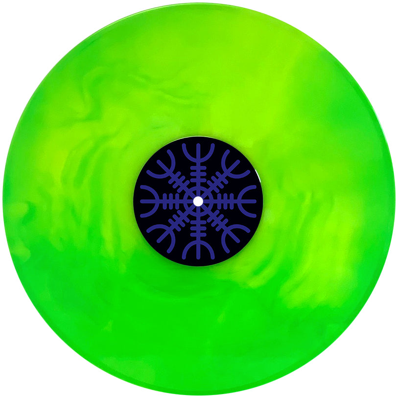 A neon green vinyl record with a swirling pattern and a black center label featuring a blue snowflake design—an exclusive Lars Frederiksen solo album release.