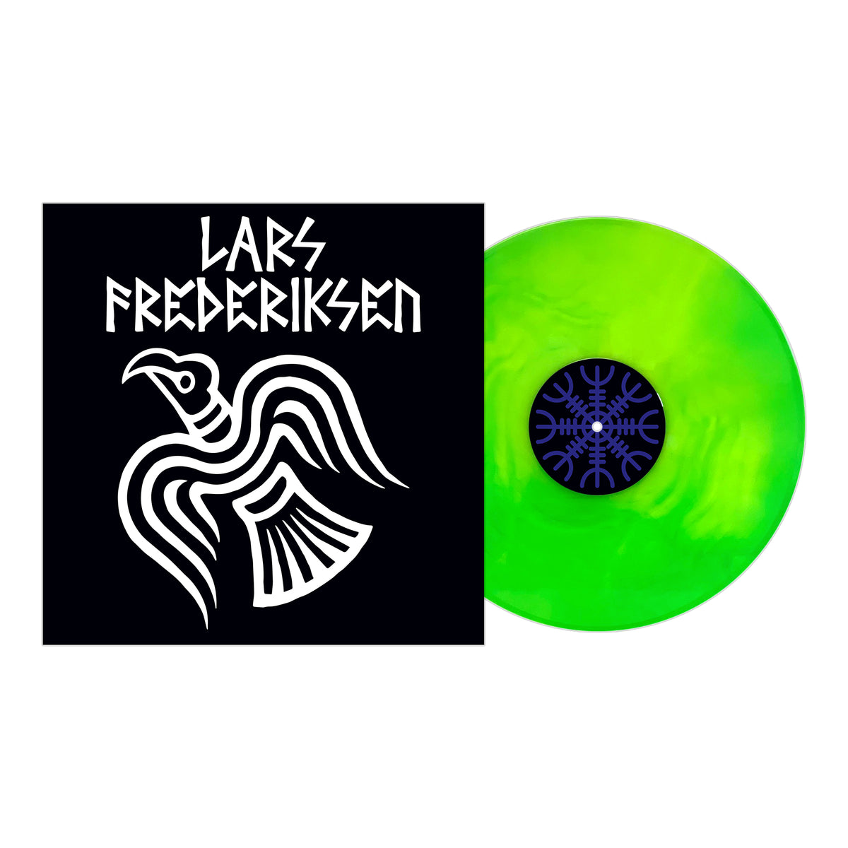 Album cover displays bold white Lars Frederiksen text above a stylized bird on black, next to neon green vinyl with a Norse-inspired blue label, celebrating the solo album release by the Lars Frederiksen brand.