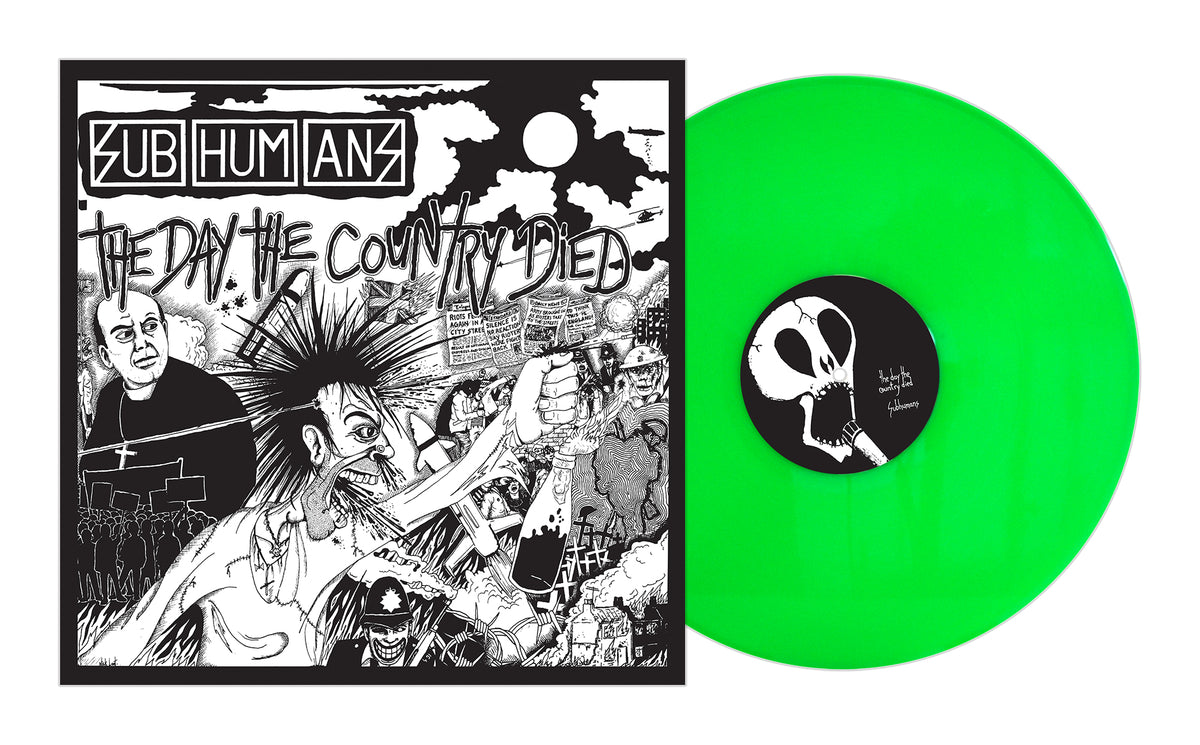 The Subhumans’ “The Day the Country Died” album cover shows black and white anarcho punk art with chaotic figures and a minister, beside a bright green vinyl from the Unfinished Business box set by Subhumans.
