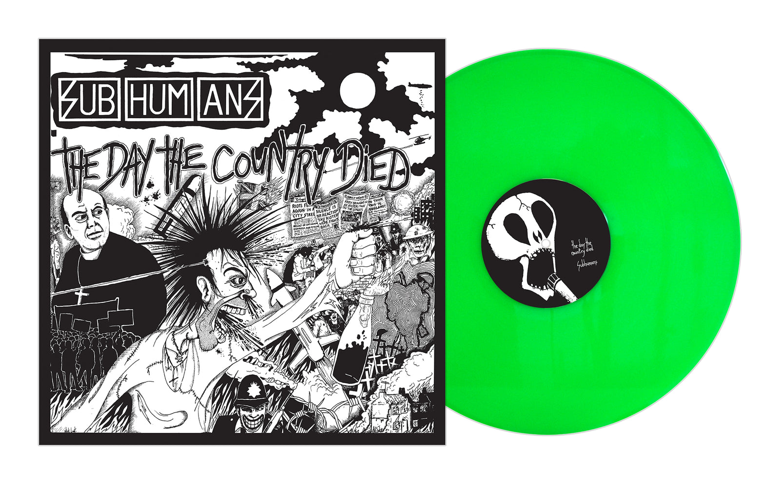 The Subhumans’ “The Day the Country Died” album cover shows black and white anarcho punk art with chaotic figures and a minister, beside a bright green vinyl from the Unfinished Business box set by Subhumans.