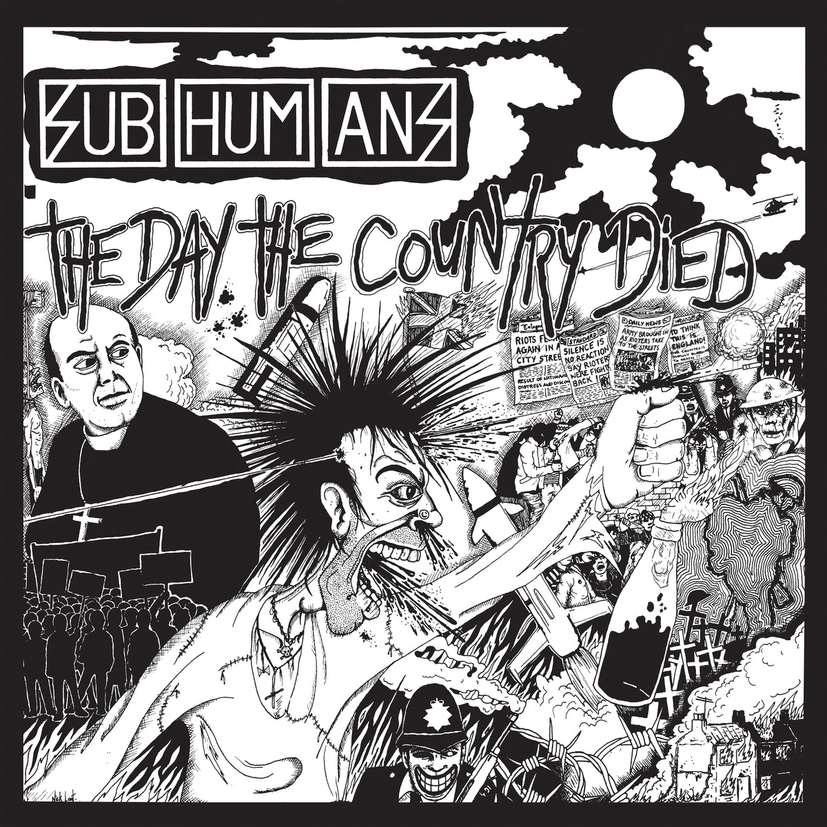 Subhumans’ debut, The Day The Country Died, features a black-and-white anarcho punk cover with chaotic protest scenes, wild-haired figures, police, politicians, and handwritten signs beneath a dark sky and sun.