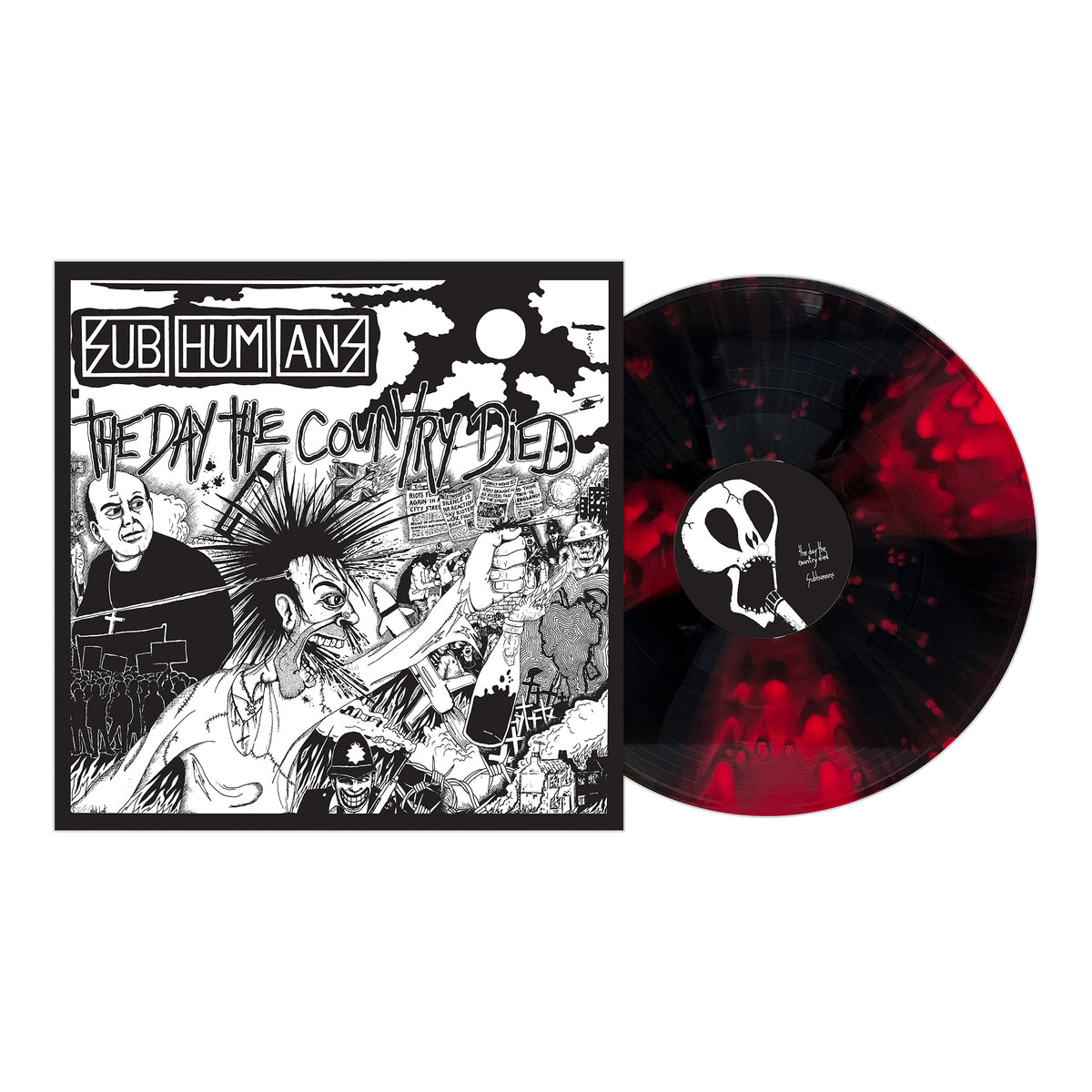 A black and red splatter vinyl record by Subhumans sits beside its cover, featuring bold “Subhumans: The Day The Country Died” text—the iconic debut album from the anarcho punk band.