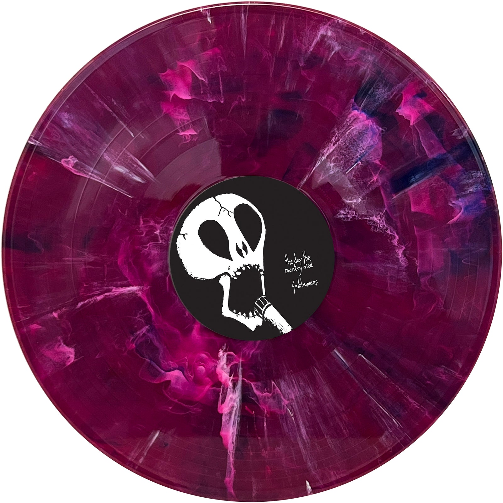 A Subhumans vinyl record with an Andromeda Marble purple and pink design. The center label shows black and white art of a stylized skull with its mouth open, evoking "The Day The Country Died.