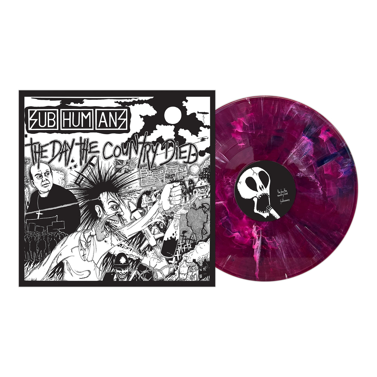Subhumans vinyl record in Andromeda Marble purple and pink, shown beside its album cover with black and white punk-style art and the text "SUBHUMANS THE DAY THE COUNTRY DIED.