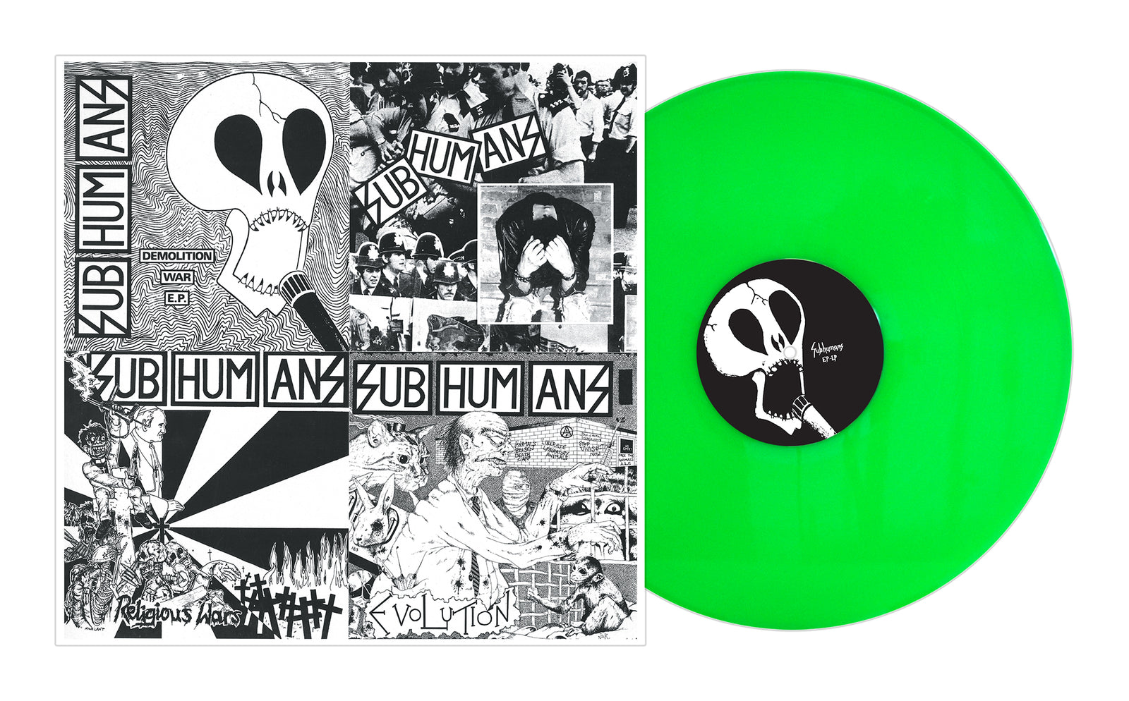 A bright green Subhumans vinyl record from the 1980-1986 box set sits next to a black-and-white anarcho punk album cover with collage art, including a large skull, distressed faces, and the words Subhumans and Evolution.