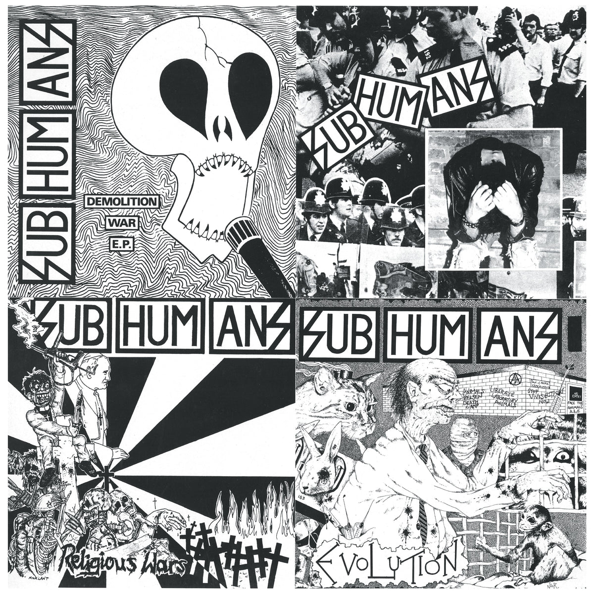 A black-and-white collage of Subhumans album covers, featuring bold logos, a skull with a sword, protest imagery, and chaotic graphic art highlighting political and anarcho-punk EP-LP themes. Brand: Subhumans.