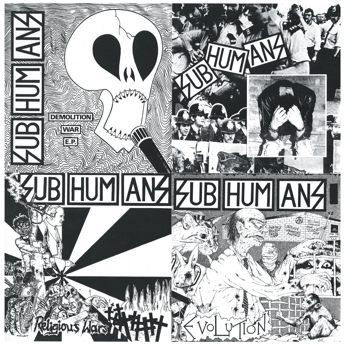 A black-and-white collage of Subhumans album covers, featuring bold logos, a skull with a sword, protest imagery, and chaotic graphic art highlighting political and anarcho-punk EP-LP themes. Brand: Subhumans.