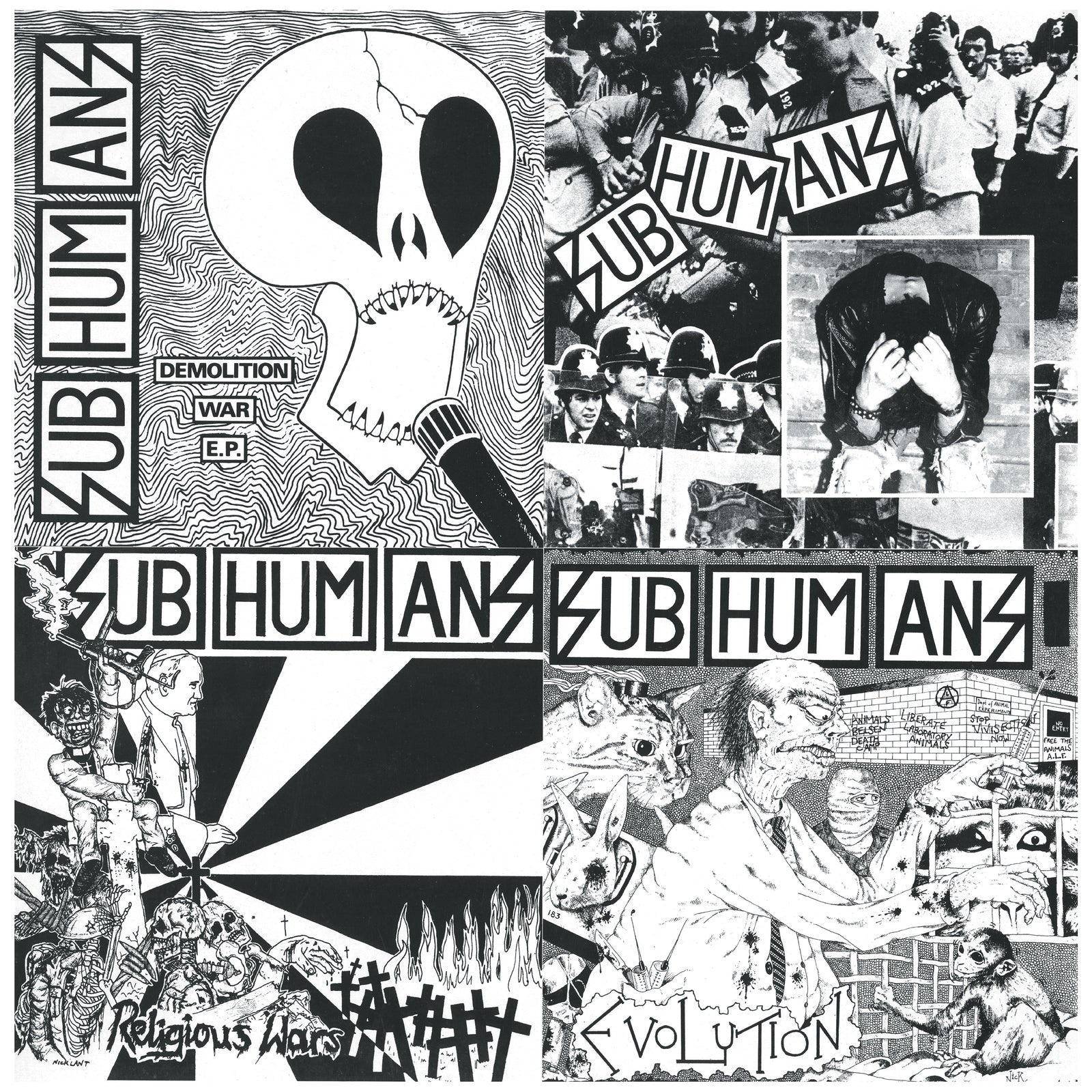 A black-and-white collage of Subhumans album covers, featuring bold logos, a skull with a sword, protest imagery, and chaotic graphic art highlighting political and anarcho-punk EP-LP themes. Brand: Subhumans.
