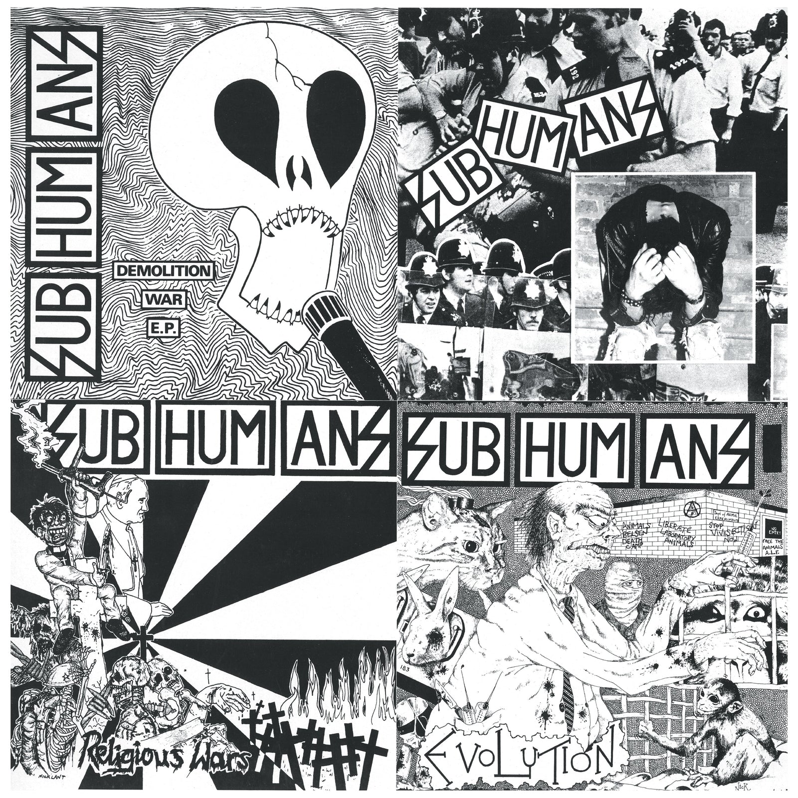 A black-and-white collage of Subhumans album covers, featuring bold logos, a skull with a sword, protest imagery, and chaotic graphic art highlighting political and anarcho-punk EP-LP themes. Brand: Subhumans.