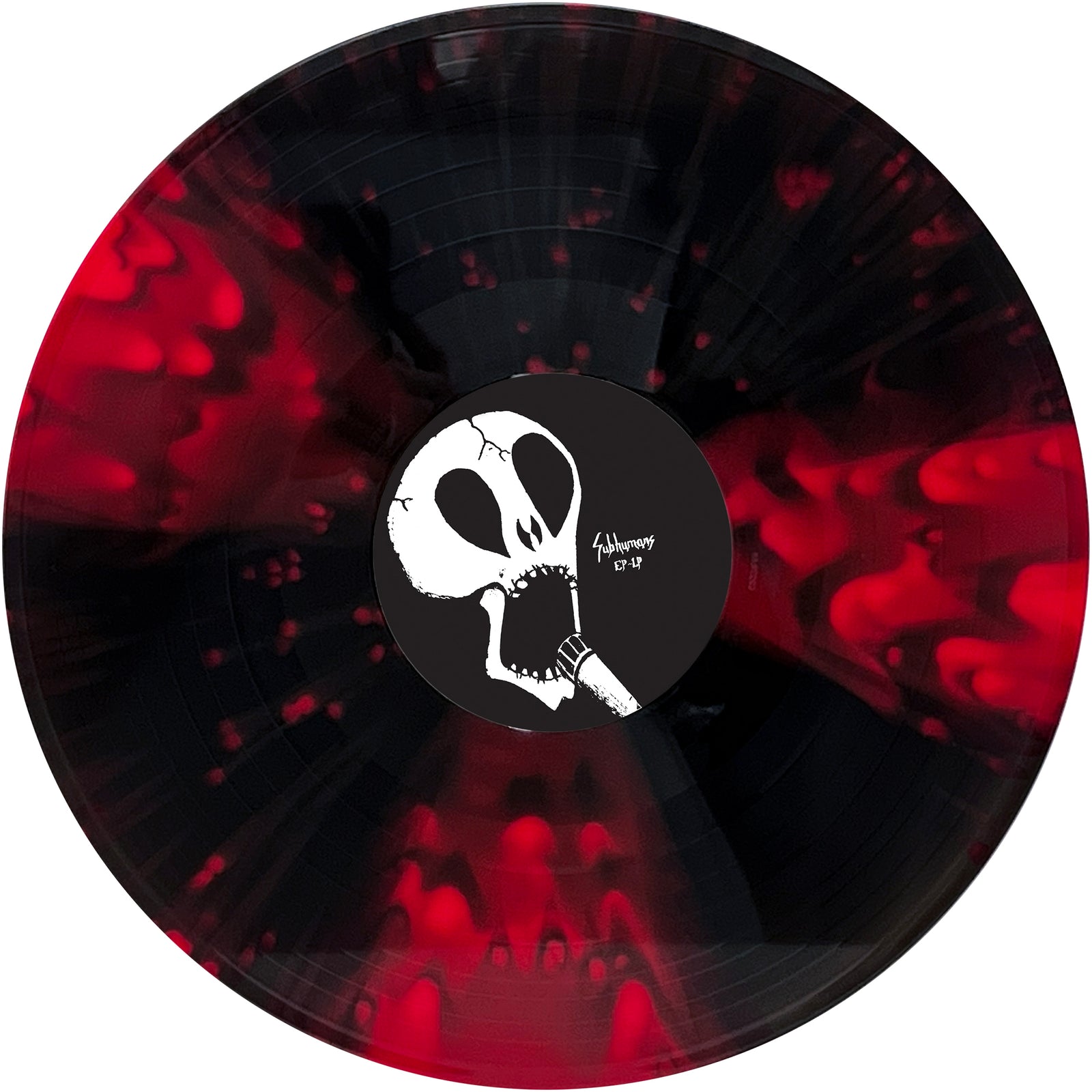 A Subhumans vinyl record with a black and red splatter design. Its center label shows white art of a cracked, screaming skull and “Wharmpy EP. 27” handwritten, evoking classic Anarcho-Punk EP-LP style.