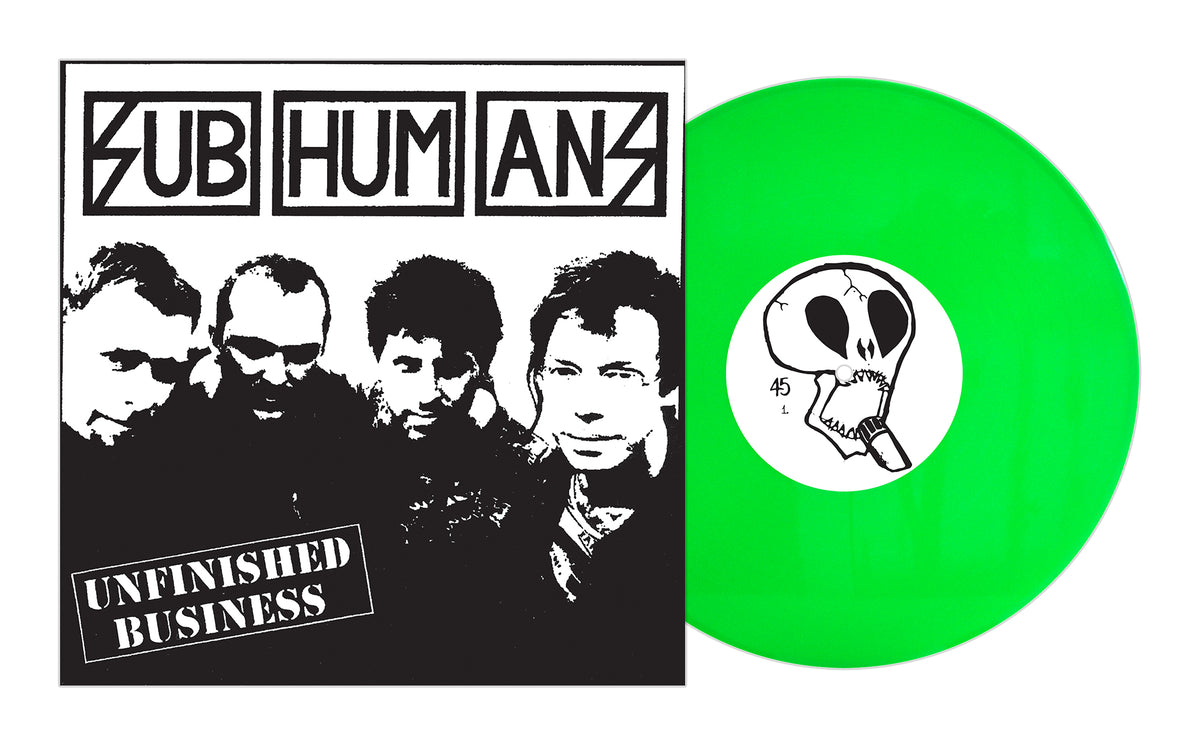 Subhumans’ “Unfinished Business” album cover features a black-and-white photo of four men with bold text, paired with a bright green vinyl displaying a skull—an iconic find for any Subhumans box set collector.