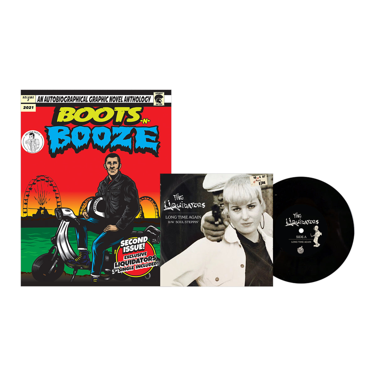 BOOTSnBOOZE offers a comic book featuring a mod-style character on a scooter in Santa Cruz, plus a vinyl record and sleeve with a black-and-white photo of a woman and the band name The Liquidators.
