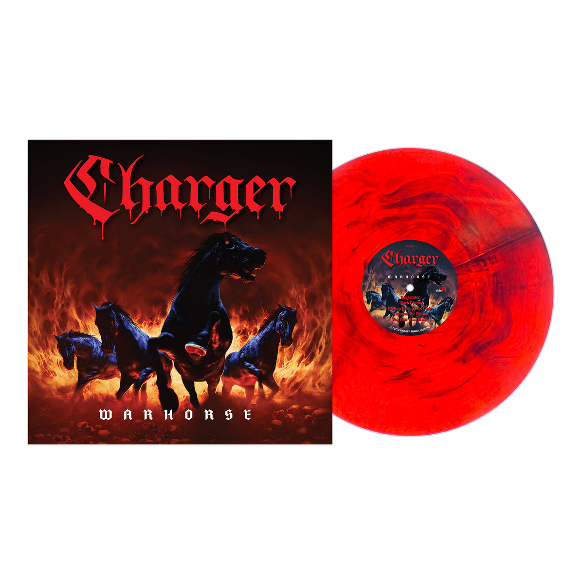 Charger’s Warhorse metal album features fierce black horses galloping through flames on its dark cover. The marbled red vinyl displays a small version of the artwork on its label.
