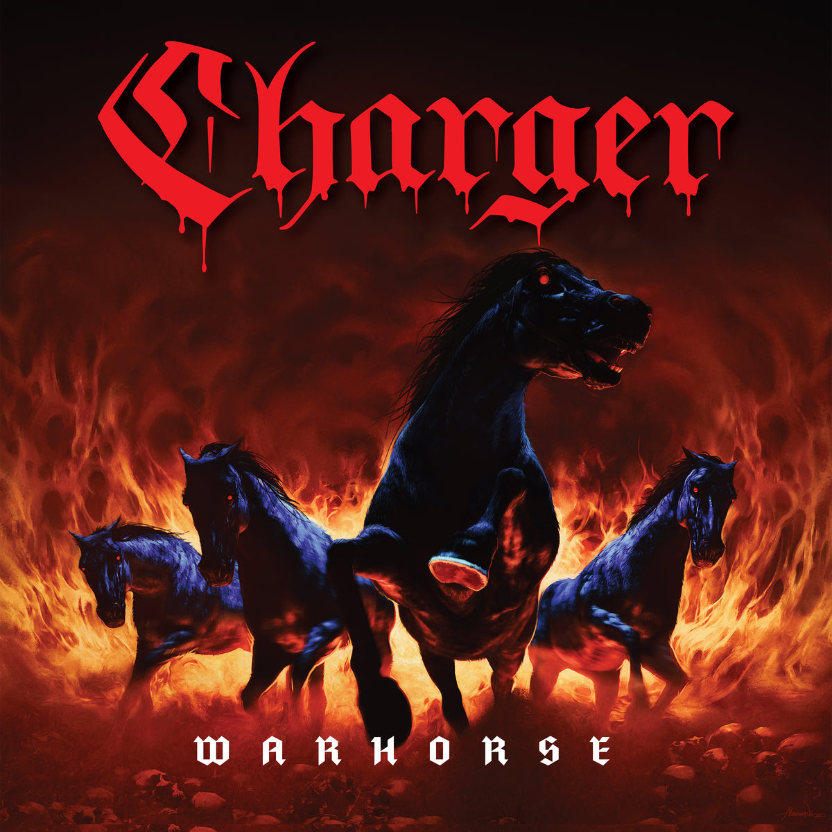 Three fierce black horses with glowing red eyes charge through flames, surrounded by smoke. &quot;Charger&quot; appears above in bold, red gothic text. Ideal art for the debut EP or vinyl album of the band Charger.