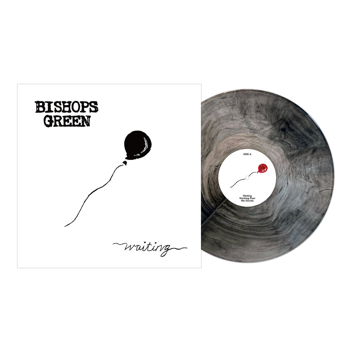 A gray galaxy vinyl record by Bishops Green partially slides from its minimalist sleeve featuring a black balloon, “BISHOPS GREEN,” and “waiting” in cursive, released by Pirates Press Records.