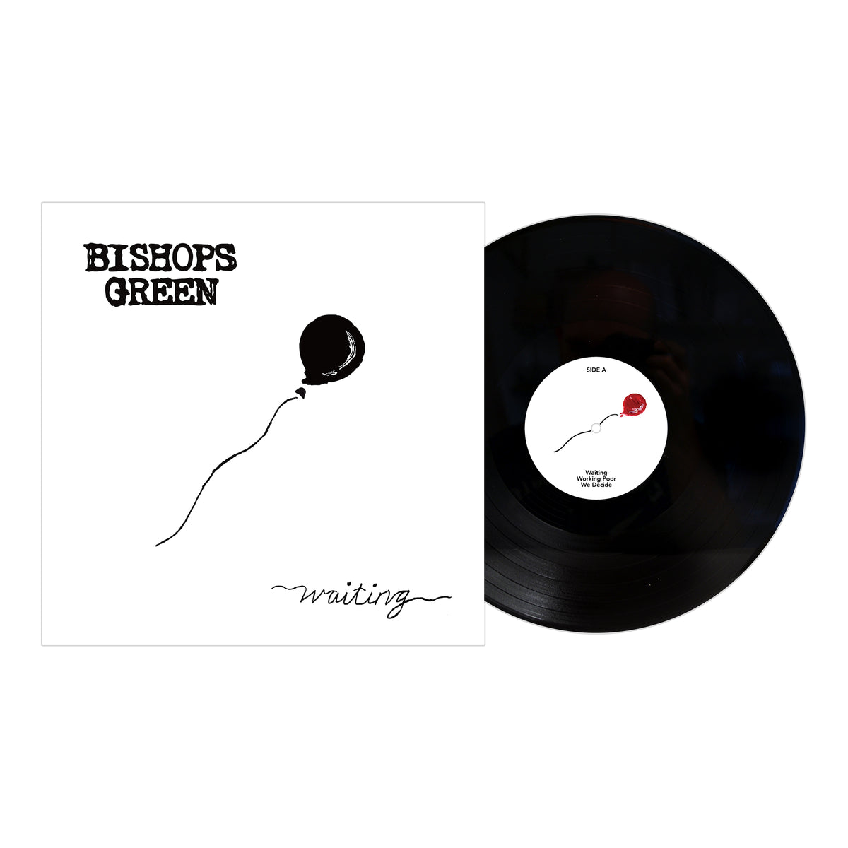 A Bishops Green vinyl EP is partially out of its sleeve, showing a minimal white label. The cover features Bishops Green and Waiting with a black balloon on white. This new release comes from Pirates Press Records.