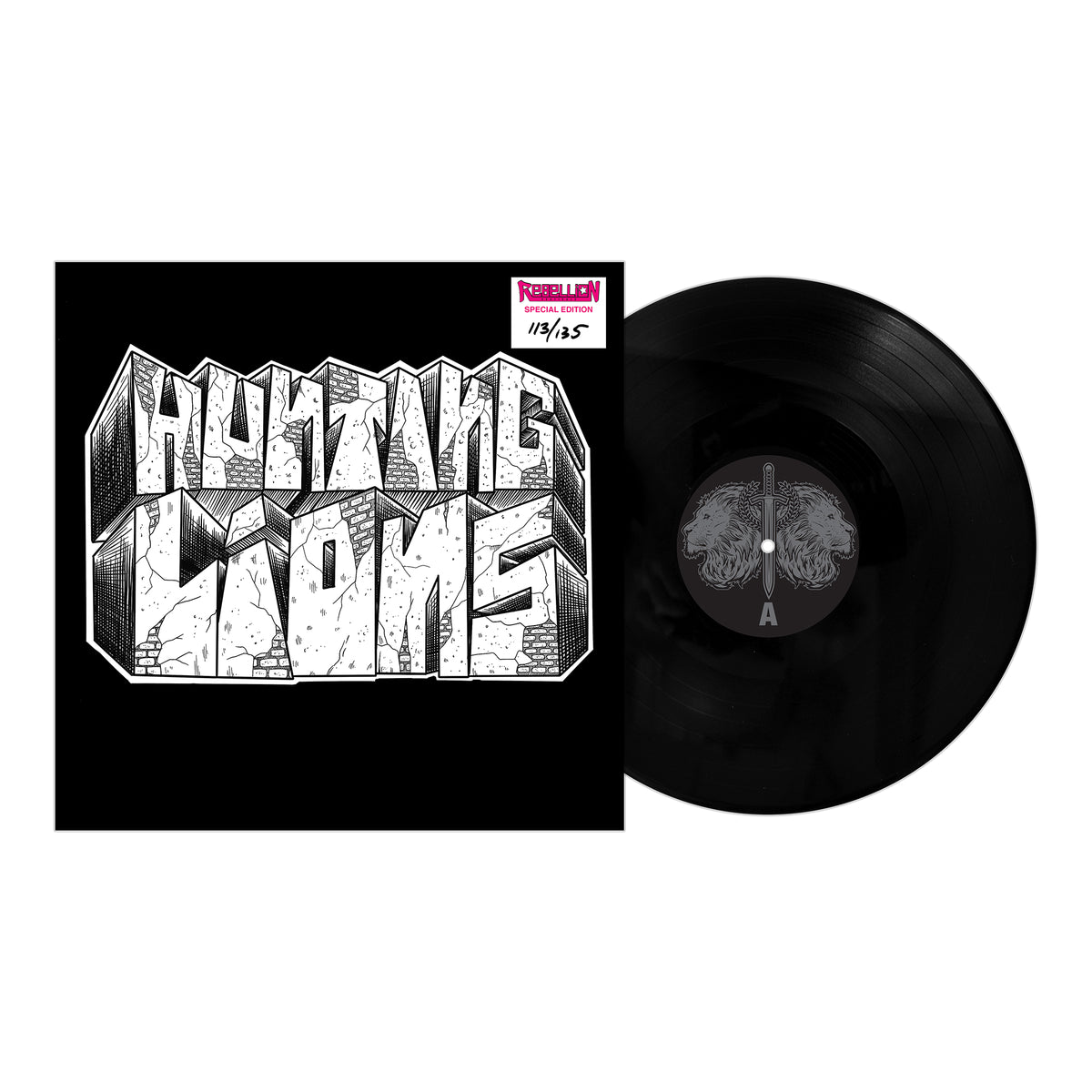 A black vinyl record peeks out of its black-and-white sleeve, which displays bold graffiti-style text reading Hunting Lions, the brand name. A handwritten label appears on the sleeves top right corner.