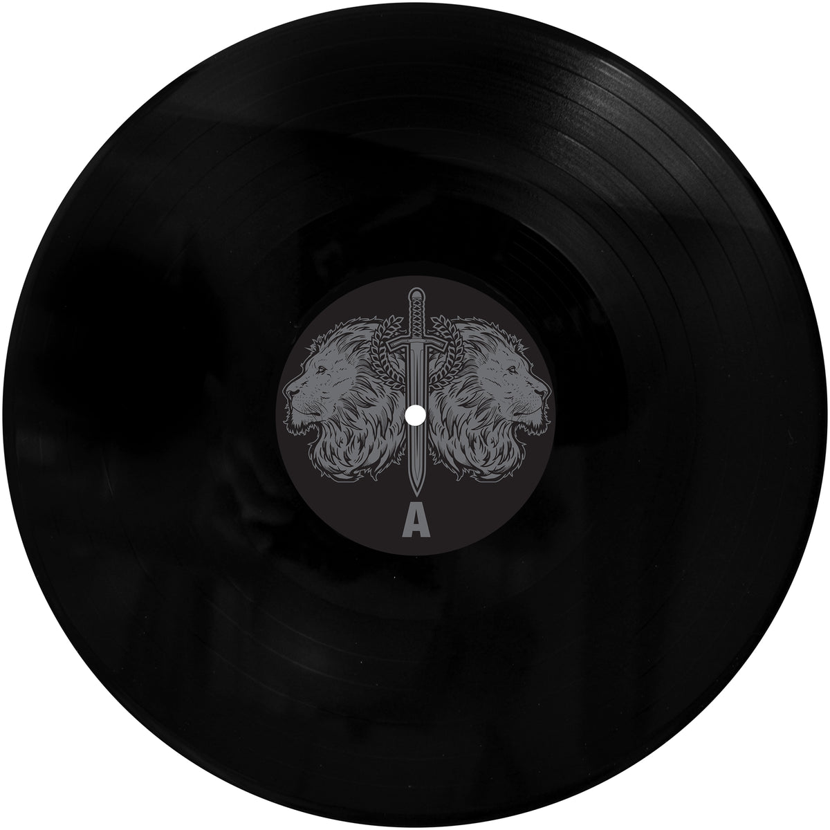 A black vinyl record with a central label of two lions flanking a sword and an A below—ideal for Bay Area punk fans and lovers of Hunting Lions bold sound.