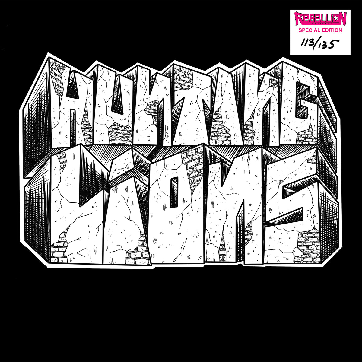 Black and white graffiti-style text says “HUNTING LIONS,” channeling Bay Area punk vibes. A pink and white label in the top right reads “REBELLION SPECIAL EDITION 113/135.” The text features a rough, cracked stone texture.