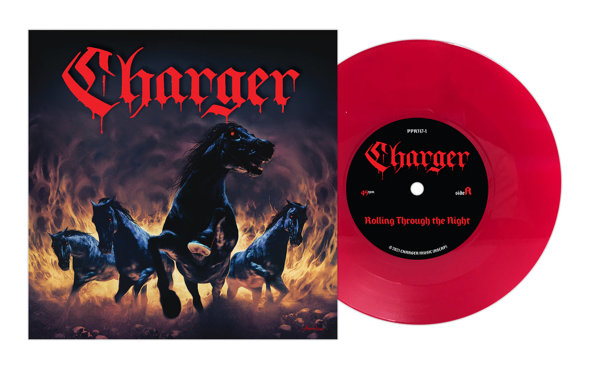 The Charger Warhorse album cover shows black, fiery horses racing through flames, with a limited edition vinyl labeled Rolling Through the Night beside it and the band name Charger in bold red gothic letters.