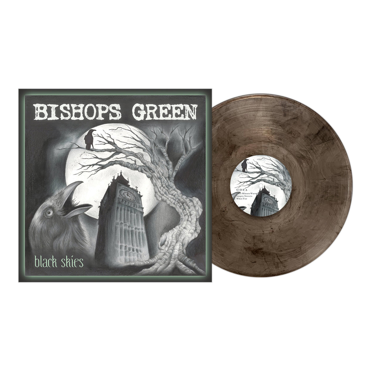 A Bishops Green Black Skies vinyl record and album cover with punk rock art by Bishops Green, showing a raven, bare tree, tower, and large moon in grayscale for a dark, eerie look.