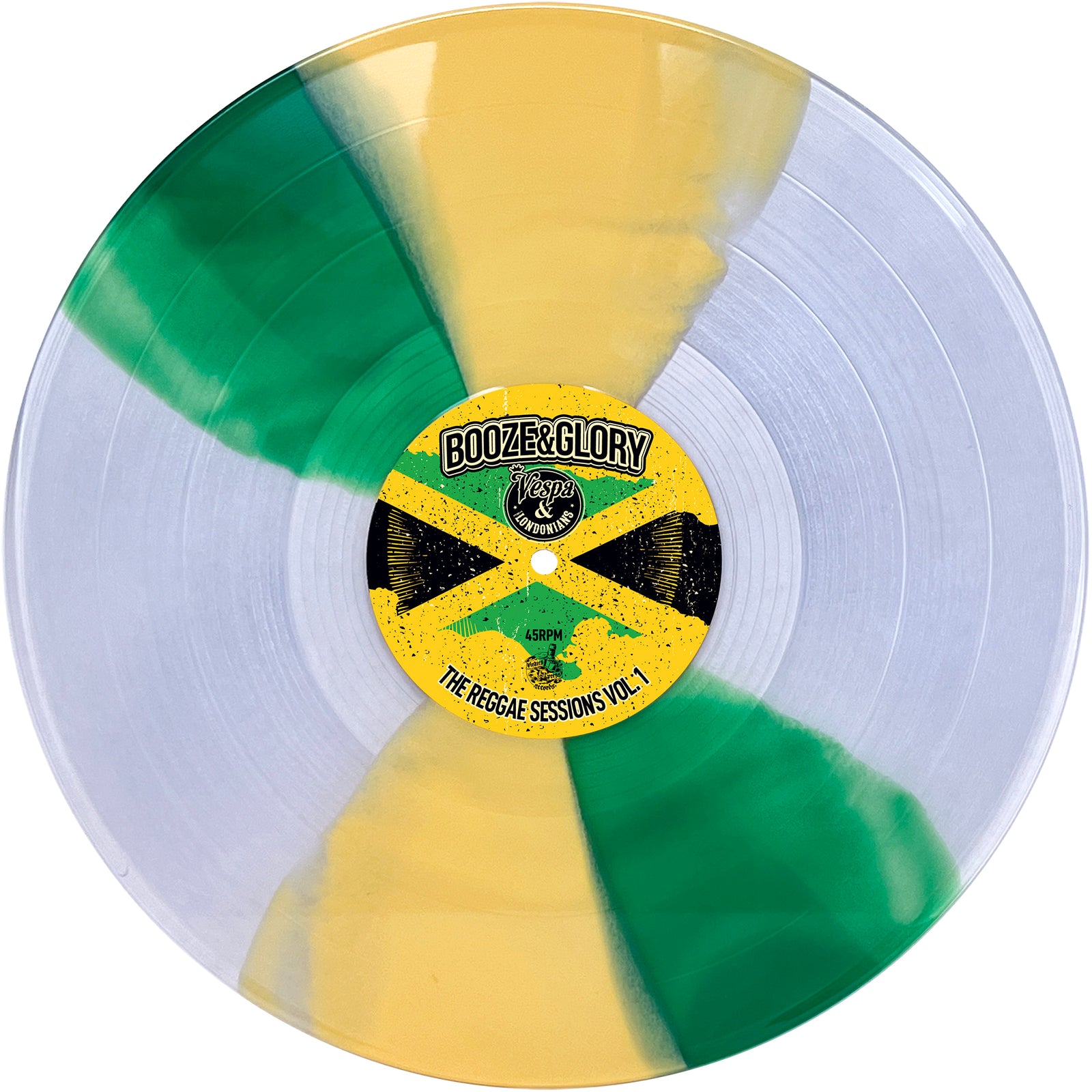 A transparent 12-inch vinyl by Booze & Glory features yellow and green streaks like the Jamaican flag, with a center label reading THE REGGAE SESSIONS VOL. 1, celebrating Jamaican reggae, remastered for top sound quality.