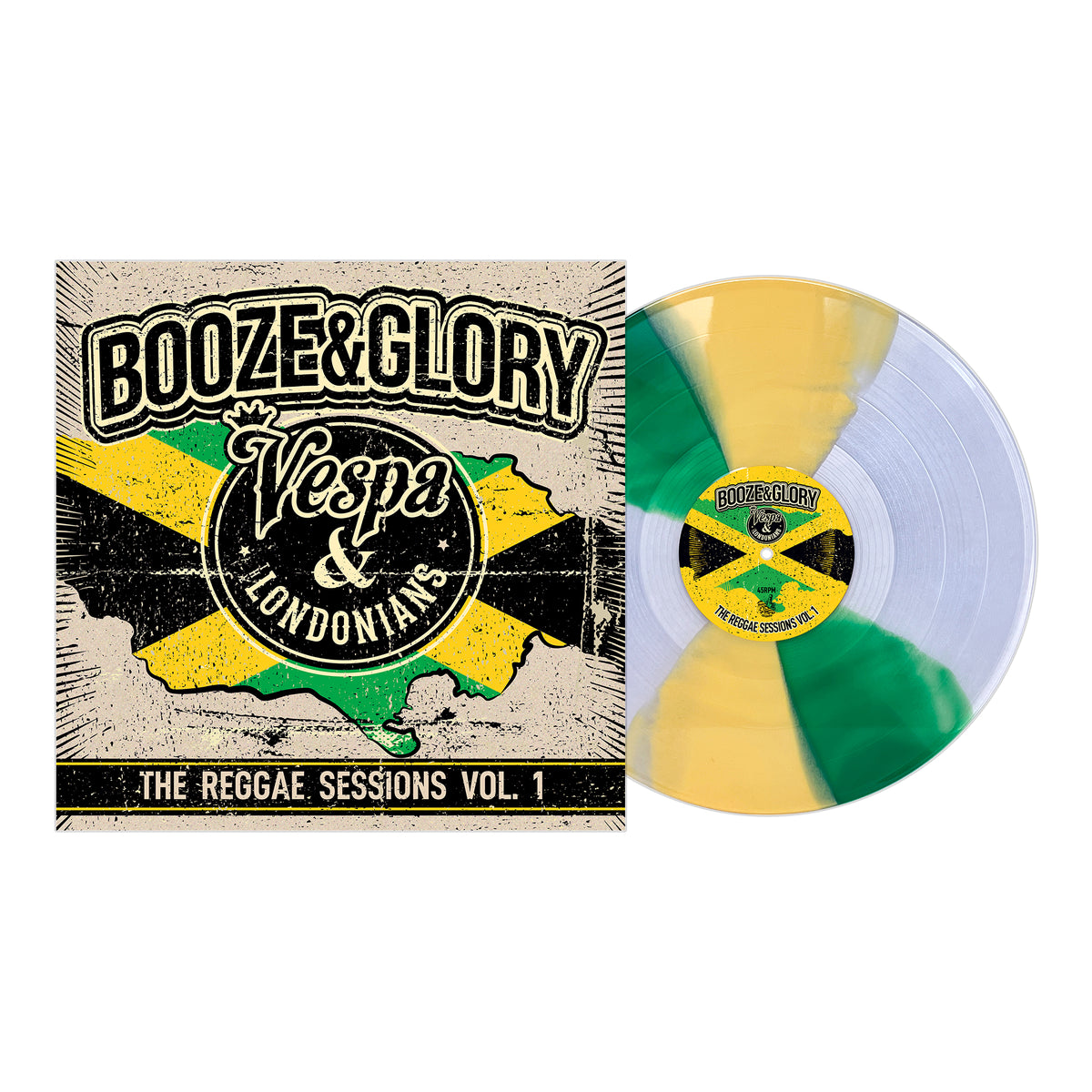 A remastered and recut 12-inch vinyl from Booze &amp; Glory, with yellow, green, and clear sections, sits by its cover featuring “The Reggae Sessions Vol. 1,” “Vespa &amp; Londonians,” and a Jamaican flag in true reggae style.