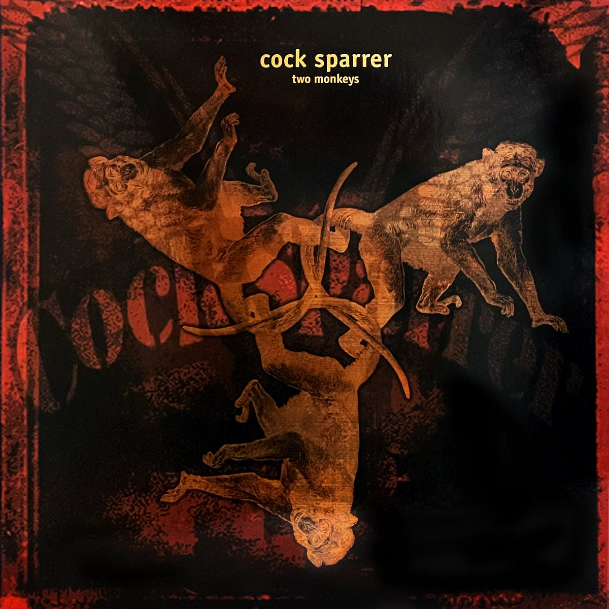 Cock Sparrer album cover for Two Monkeys shows three illustrated monkeys arranged in a circle on a dark, textured red and black background, with the Cock Sparrer brand name and album title displayed at the top.