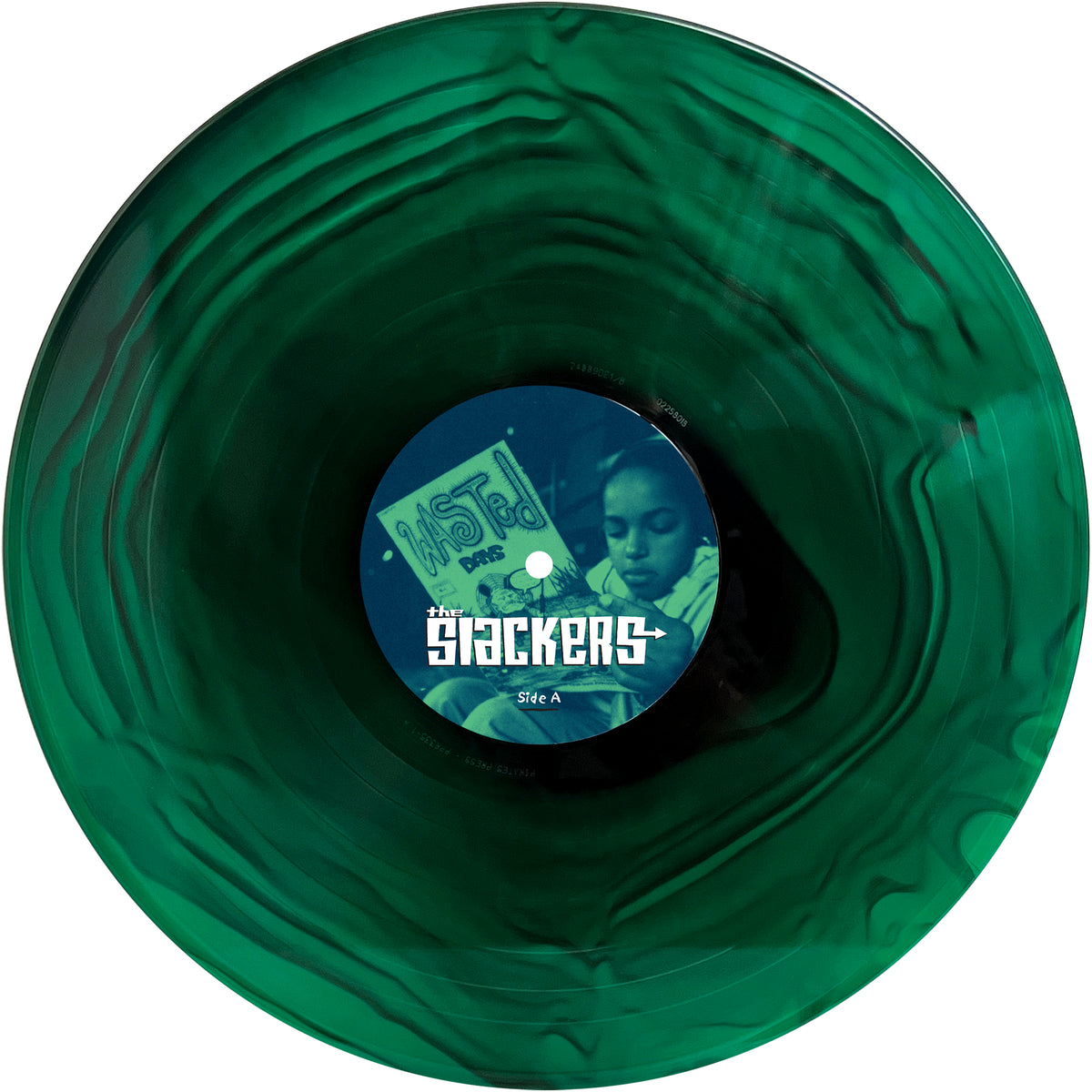 A translucent green marbled vinyl ska album by The Slackers, with a central label reading Wasted Days and a black-and-white photo of a serious-faced person.