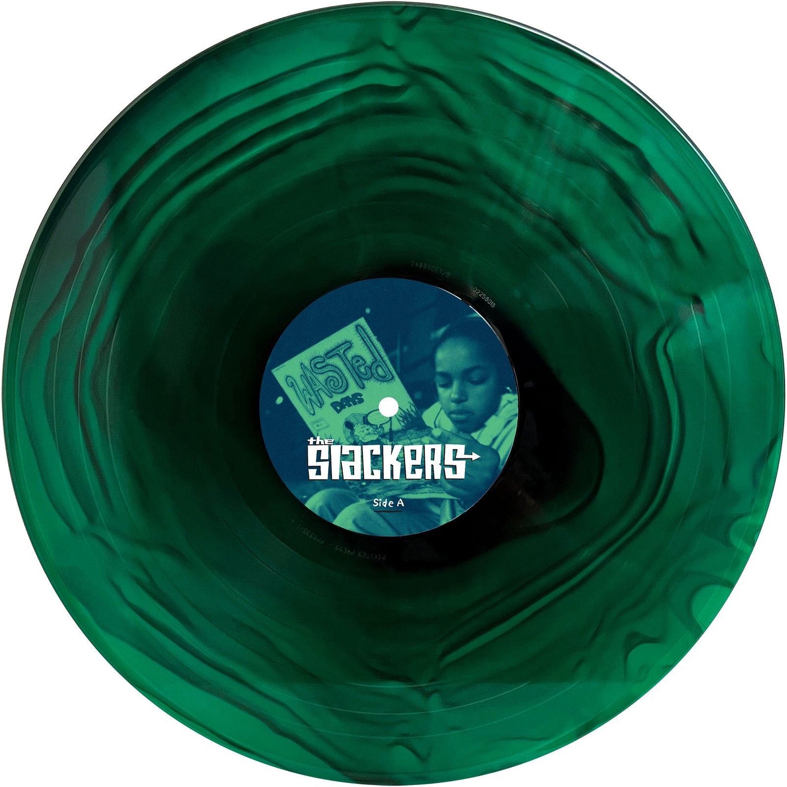 A green marbled vinyl record by The Slackers, featuring a central label with a child reading and bold white text: Wasted Days and The Slackers Side A.